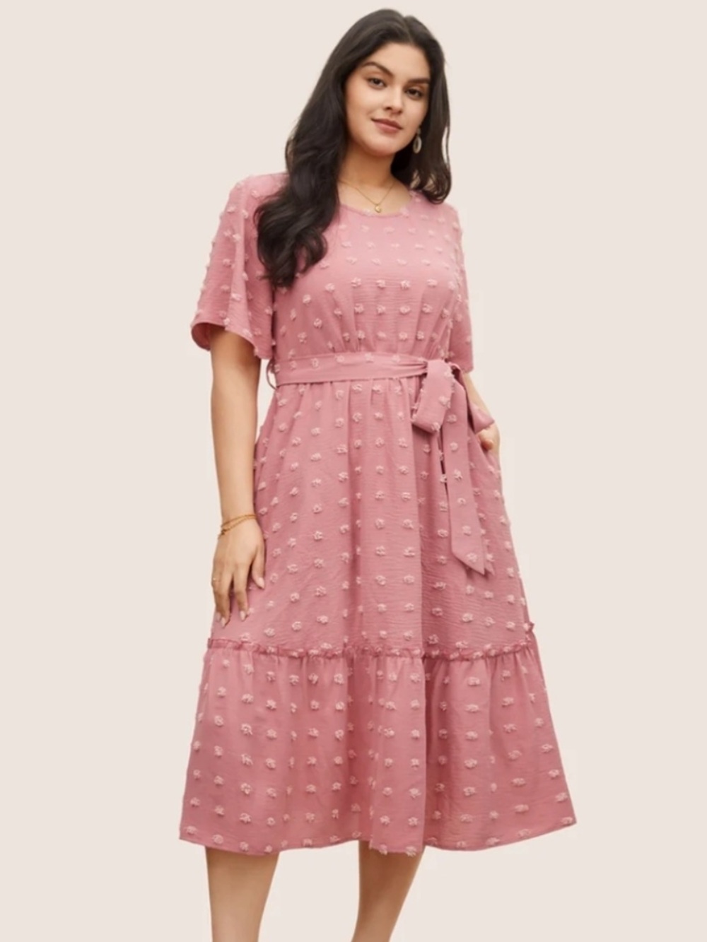 🌸 BloomChic Solid Textured Patchwork Frill Trim Belted Dress – Size 18/20 (2X)